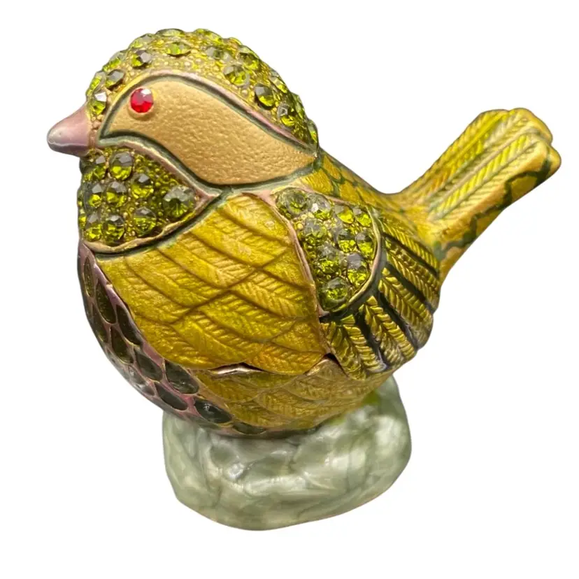 Swarovski Crystal Bejeweled Trinket Box, Cute Wren, Green & Pink, Magnetic Close