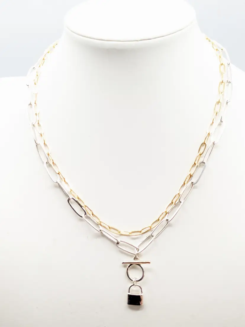 Layered Silver and Gold Tone Lock Toggle Pendant Necklace