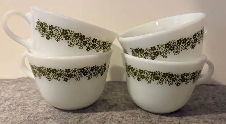 4 Pyrex White With Green Flowers Coffee Cups/ Crazy Daisy Design  # 2987