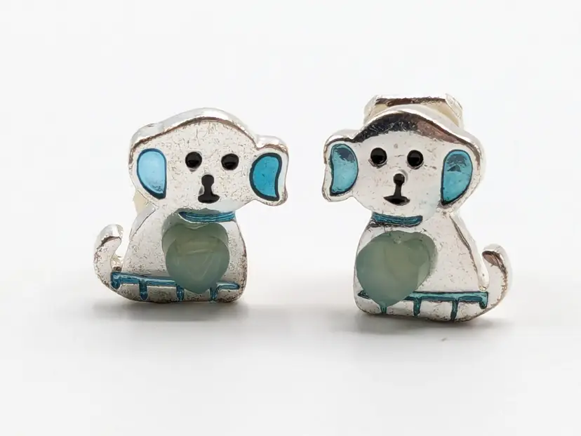 Puppy Clip On Earrings Blue and Silver Tone Jewelry