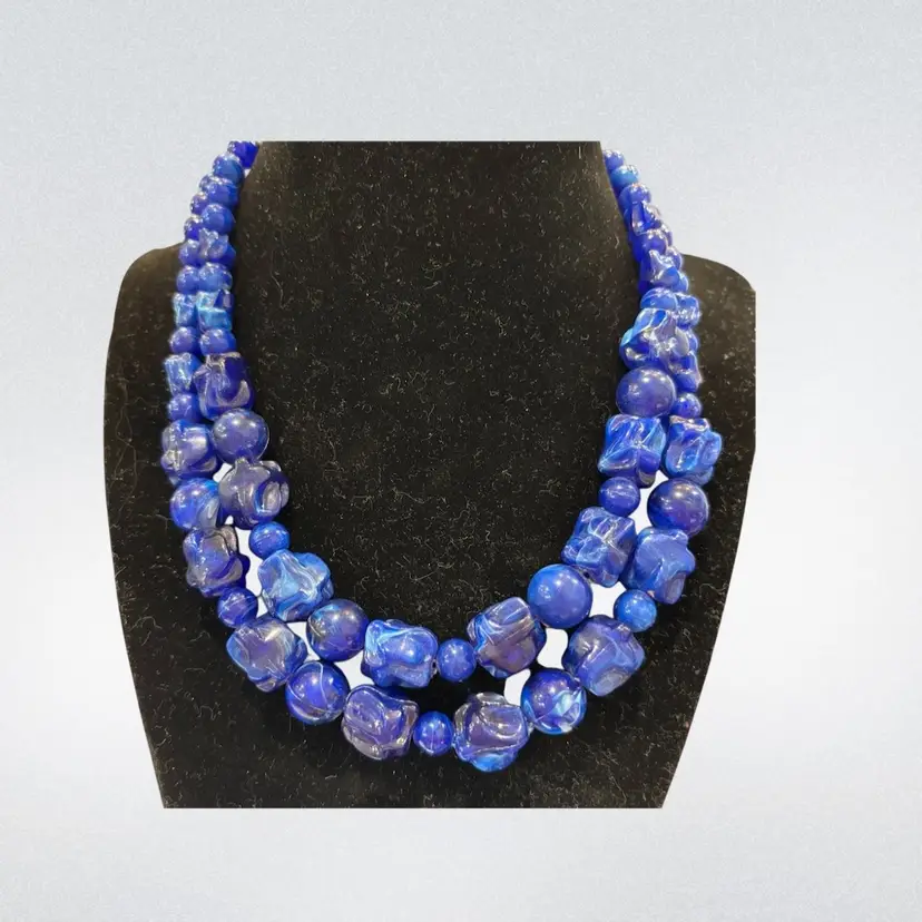 Vintage West Germany Two-Strand Blue Marbled Bead Necklace – 1950s/60s Costume Jewelry