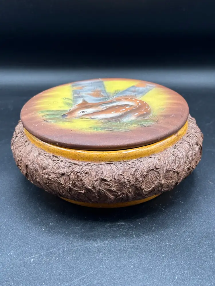 Vintage Covered Hand Painted & Signed Ceramic Dish, fawn trinket dish