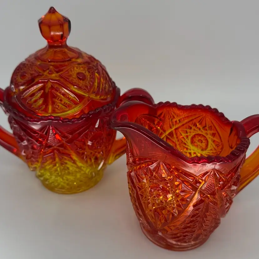 Large Amberina Covered Sugar Bowl & Creamer *Glows*