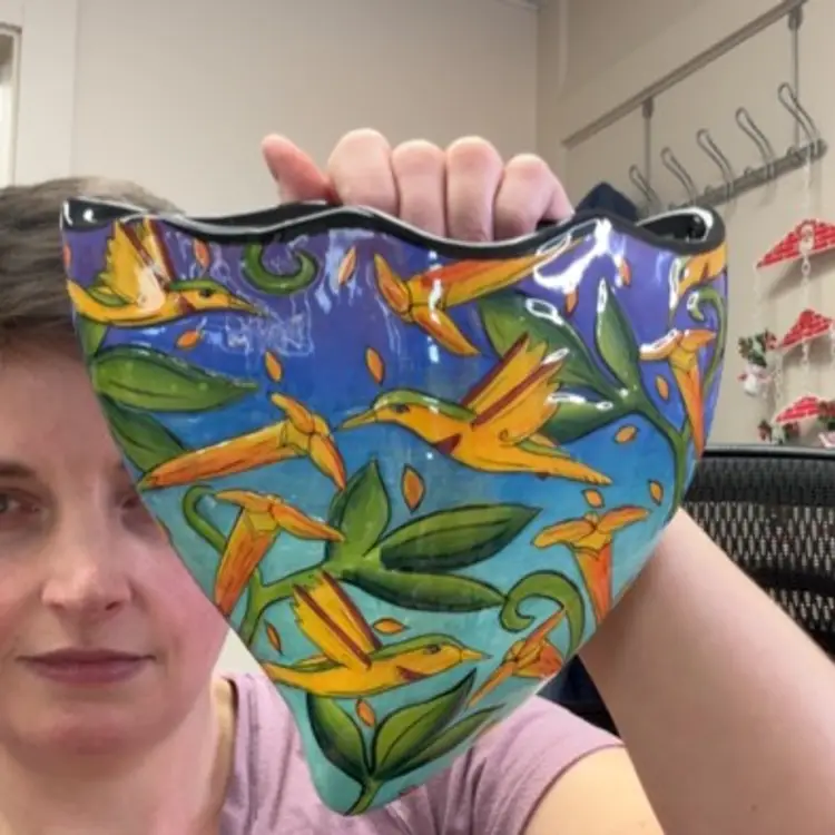 Artist signed, hummingbird wall pocket