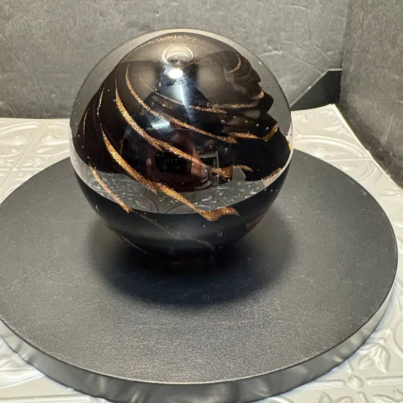 Vintage Singed Black Golden Copper Art Glass Paperweight Abstract Sparkle Gazing Ball 3.75”
