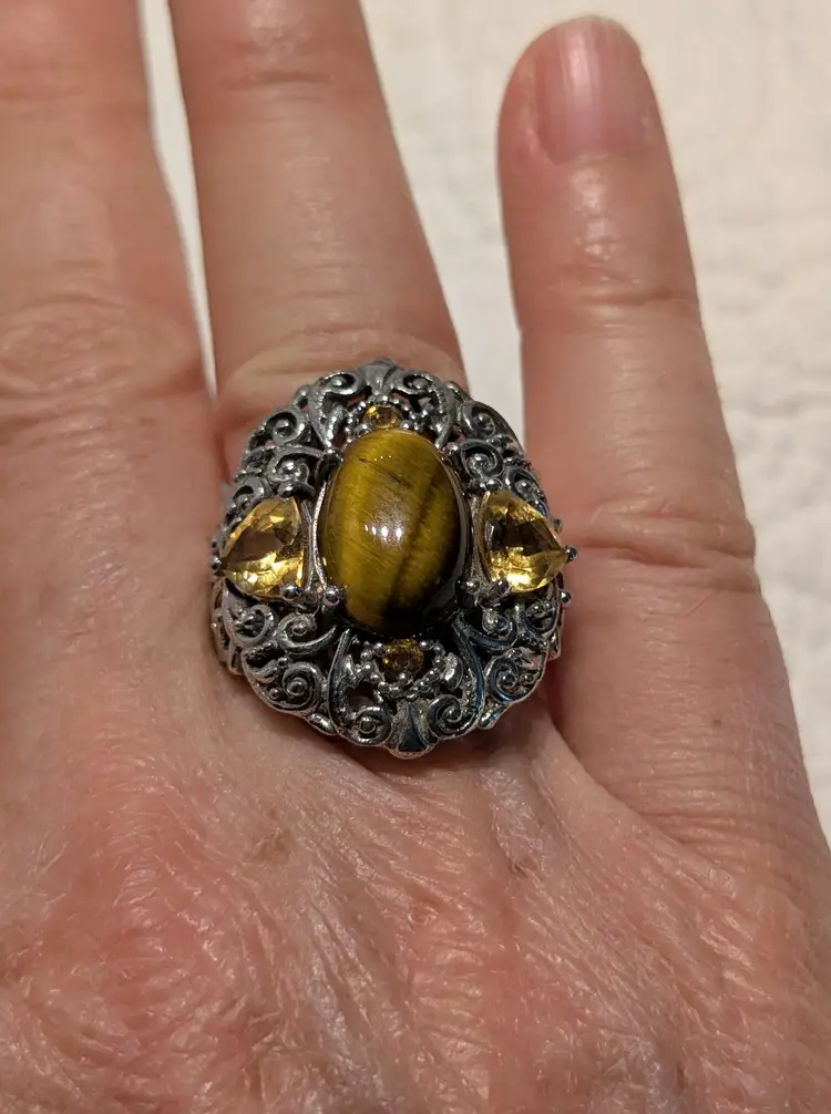 Vintage Karis Sterling Silver Tiger Eye Ring Surrounded by Citrine, Size 7
