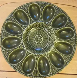 Egg Dish Portugal Green BasketWeave Pottery Vintage Mid Century Ceramic 8