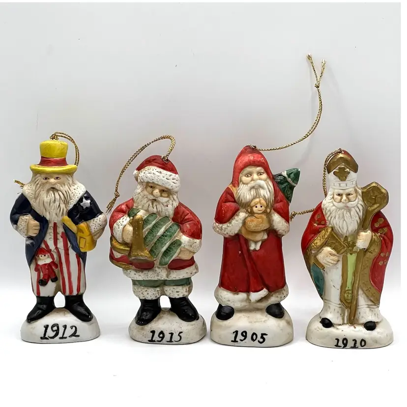 Set Of 4 Memories Of Santa Claus Christmas Tree Ceramic Ornaments 4.5 in Height