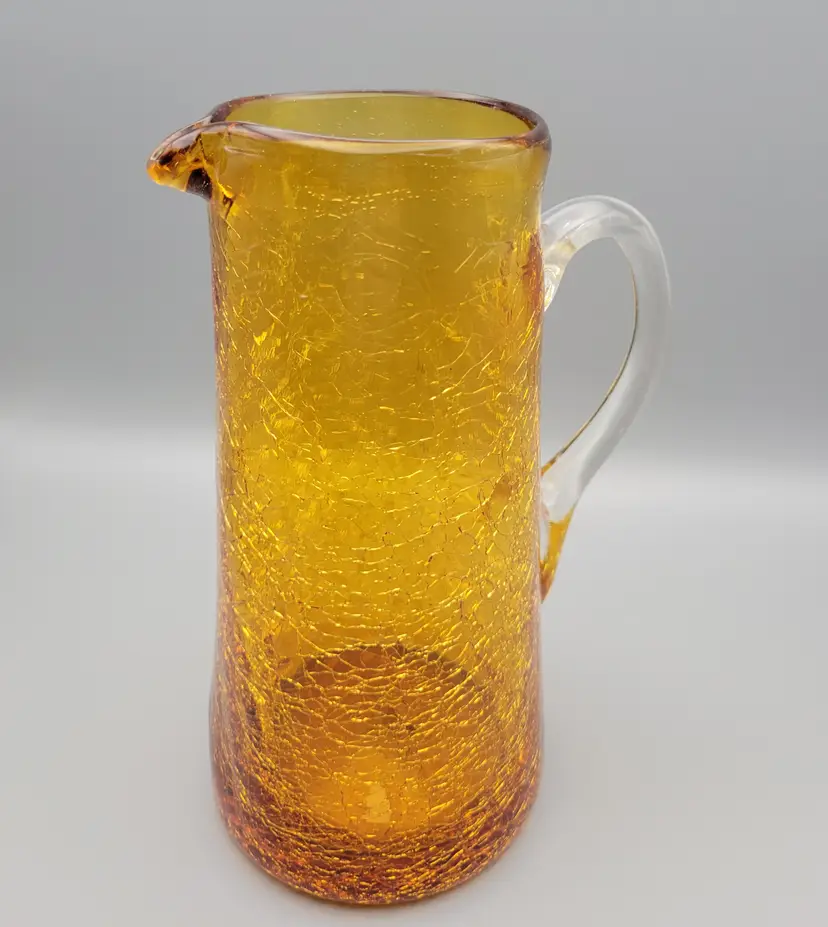 Vintage Amber Crackle Glass Hand Blown Small Pitcher With Clear glass Handle