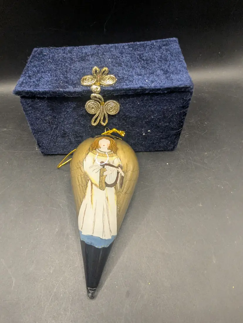 Vintage 1999 Angel With Harp Blue Gold Li Bien Art Glass Teardrop Christmas Ornament