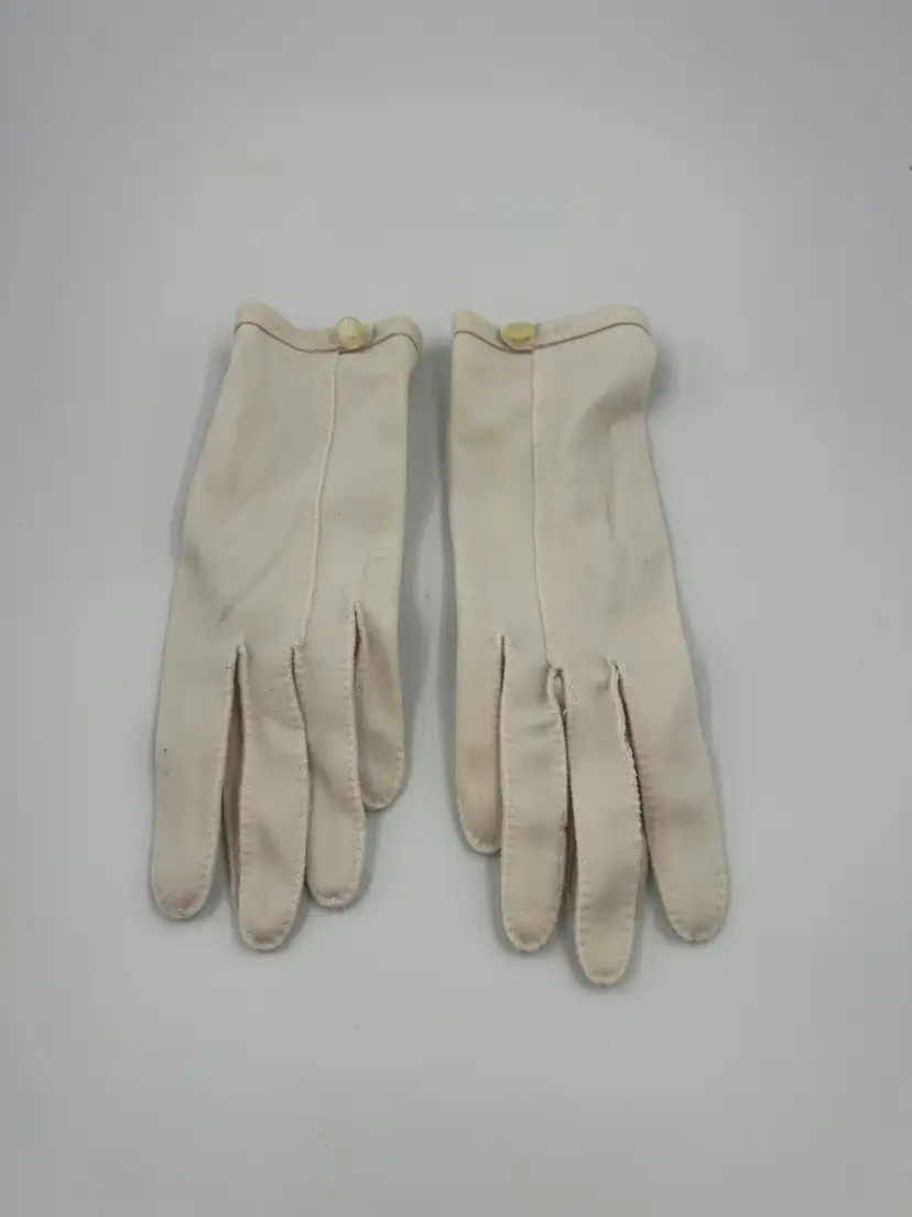 Vintage Fownes Ivory Nylon Ladies, Short Gloves Button Accent