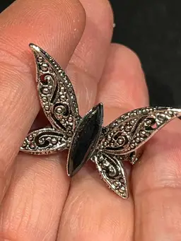 Vintage -Butterfly Brooch with Onyx stone body. Silver Tone- 1.25” Wide, 1” High