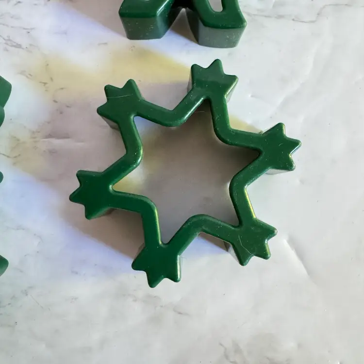 Set of 5 Vintage 1994 Hutzler Green Plastic Christmas Cookie Cutters Tree Bell Angel Snowflake Santa Claus