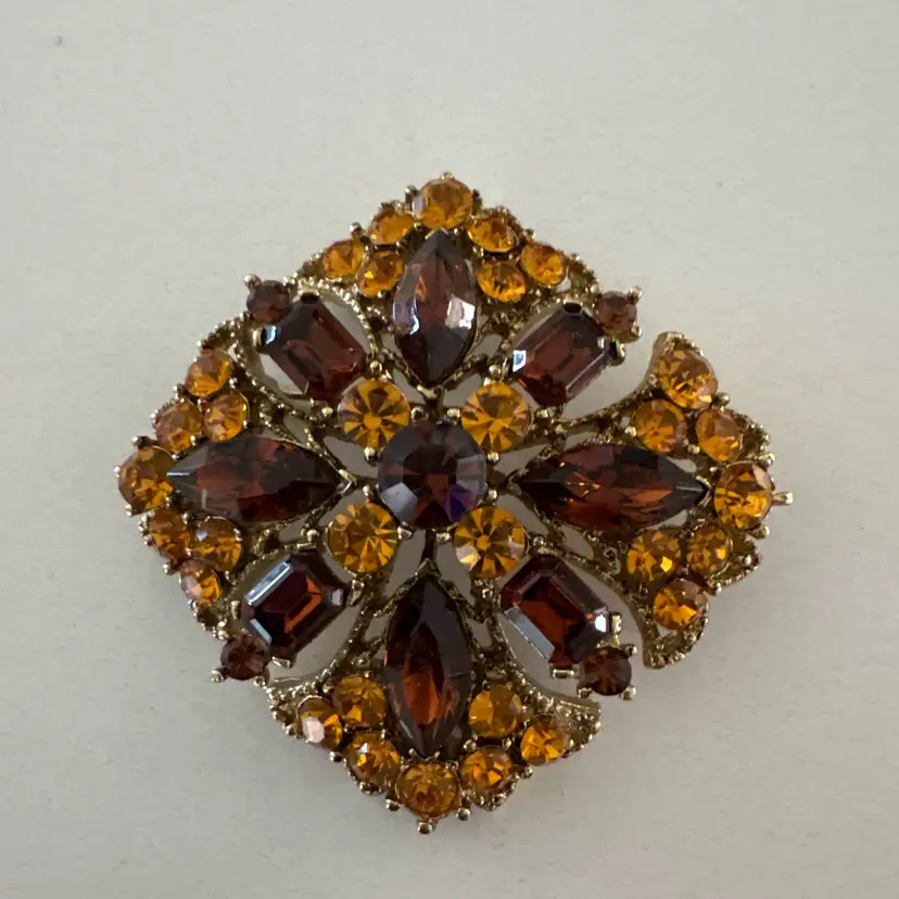 Vintage Amber Rhinestone Maltese Brooch