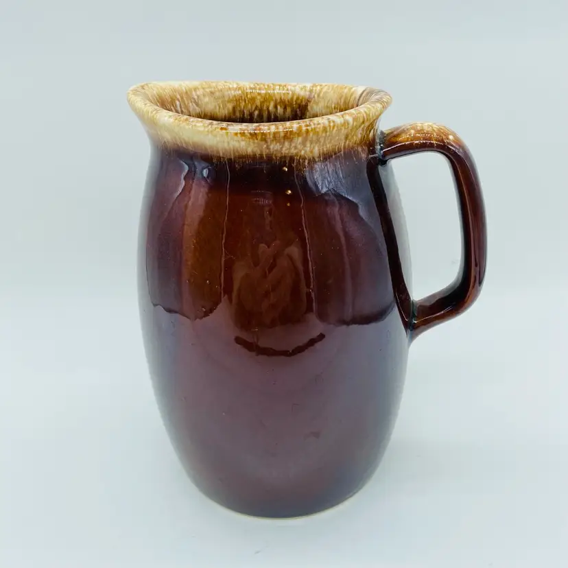 #2107 Hull USA Oven Proof Brown Tan Pottery Drip Glaze Pitcher 6 3/4" Tall Vintage