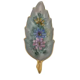 Vintage MCM Hand-Painted Porcelain Leaf Serving Tray, Cosmos, Gold Gilt, Signed