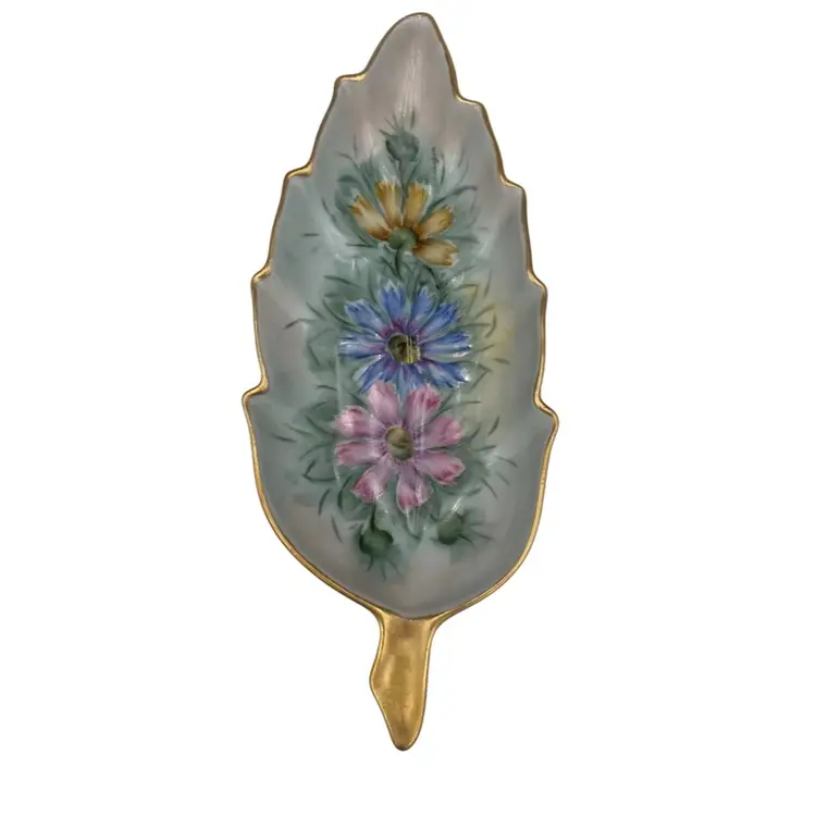 Vintage MCM Hand-Painted Porcelain Leaf Serving Tray, Cosmos, Gold Gilt, Signed