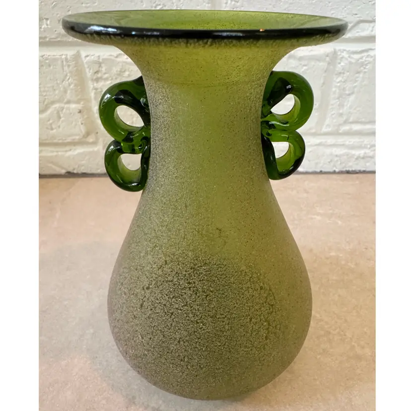 Green Art Glass Textured w/ Applied Handles Vase 5.75" Tall