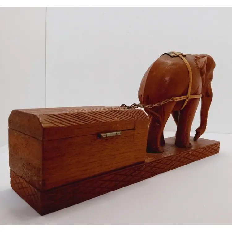 Hand Carved Wooden Tobacciana Elephant Pulling Hinged Box Tobacco Box Sri Lanka