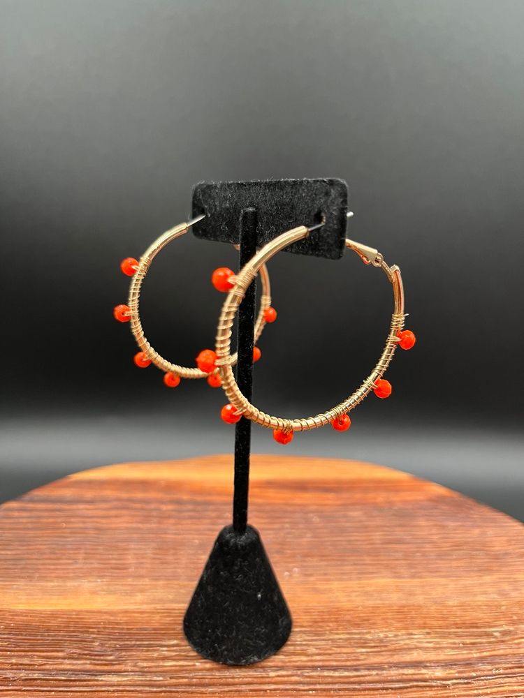 Contemporary Gold Hoop Pierced Earrings With Orange Beads And Wire Wrapping 1.75”