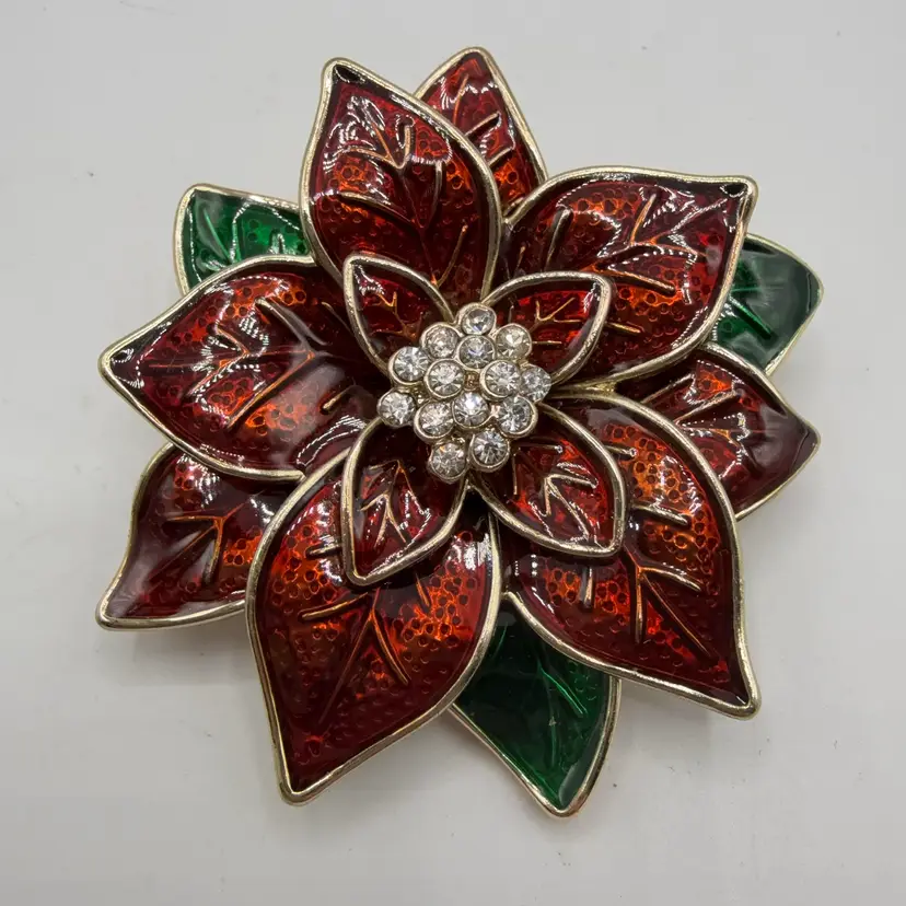Enamel And Rhinestone Christmas Poinsettia Brooch