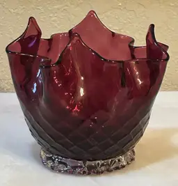 Vintage Venetian Handkerchief Vase Hand Blown Cranberry Glass Diamond Quilt Pat