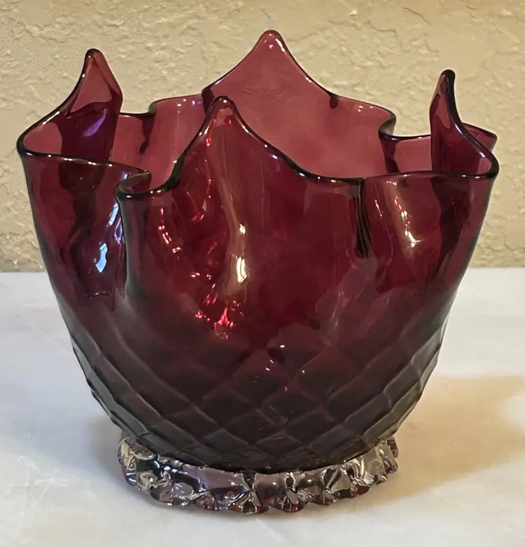 Vintage Venetian Handkerchief Vase Hand Blown Cranberry Glass Diamond Quilt Pat