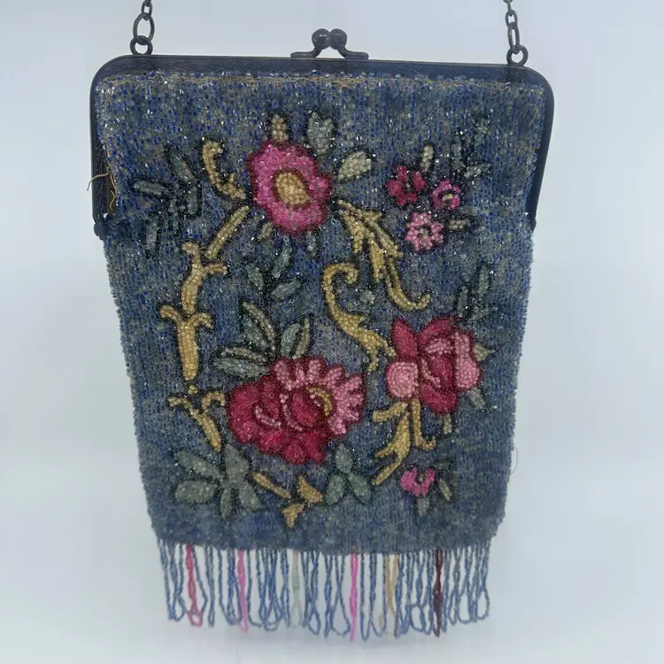 Antique Floral Victorian Micro Beaded Handbag Made In Belgium