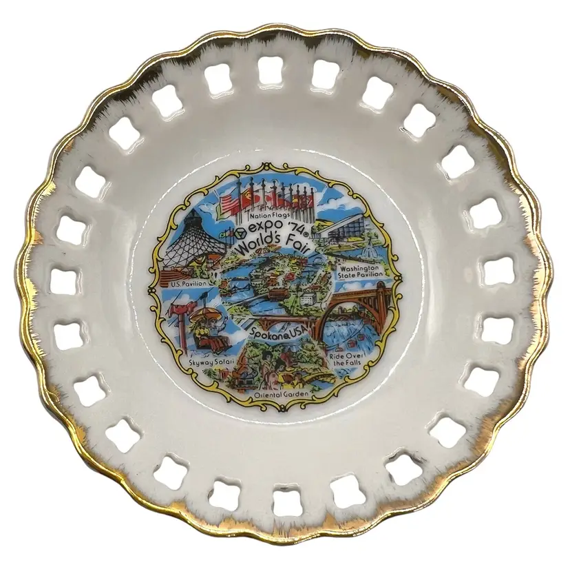Vintage Porcelain Souvenir Plate Expo 74 World’s Fair Spokane Washington 4.5”