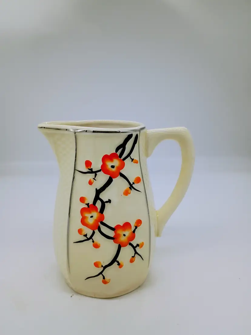 Vintage Japan Hand Painted Cherry Blossom Ceramic Sm Pitcher /  Lg Creamer. Circa 1930's.