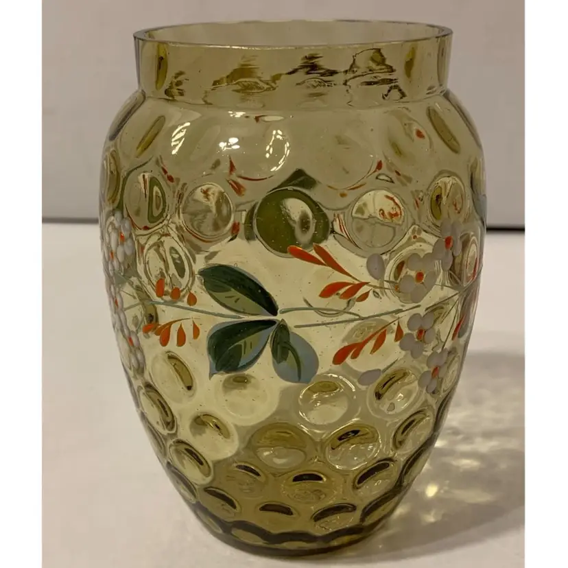 Victorian Amber Glass Inverted Thumbprint Vase Enamel Painted - 4.75” Tall