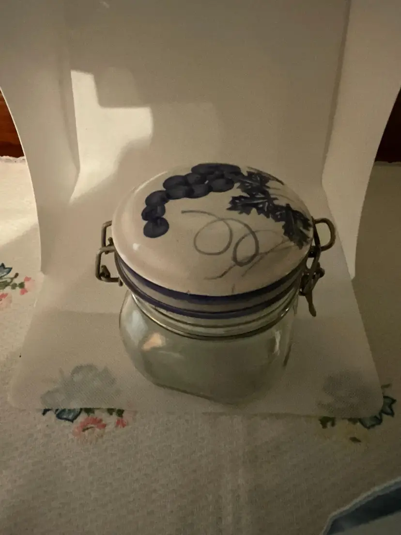 Porcelain Top Glass Canister 1/2L Jar -Hand Painted Blue Grape Design - Made In Italy