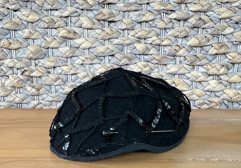 Vintage Ladies Black Sequin Hat with Hat Pin
