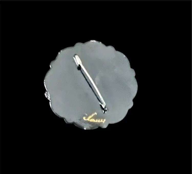 Vintage Russian Hand Painted Black Lacquer Scalloped Brooch Pin Floral Flowers B-2