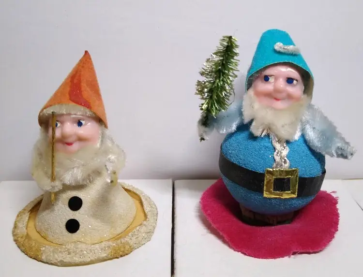 Dwarfs Elf Christmas Tree Ornaments Set Of 2 Vintage Fabric Clothing Mid Century