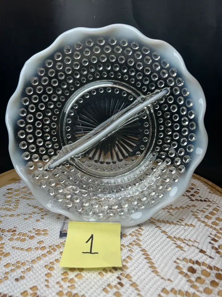 Anchor Hocking Moonstone Blue-White Opalescent Hobnail Divided Two Part Dish
