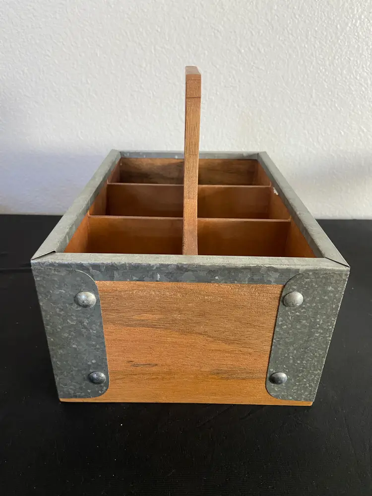 Galvanized Metal & Wood Caddy, 10.5" x 7.5"