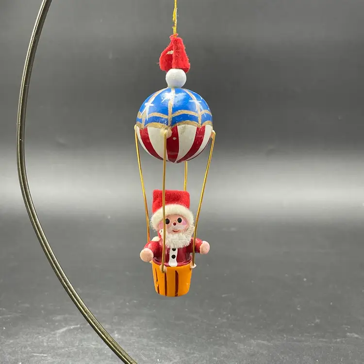 Wooden Santa in Hot Air Balloon Christmas Ornament VTG Kitsch Kitschy Holiday