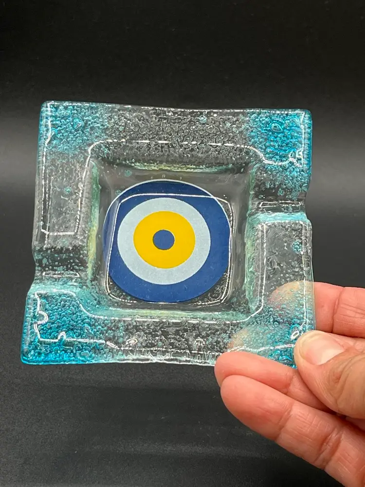 Small Blue Abstract Fused Glass Catch all Dish/Ashtray 3.75”