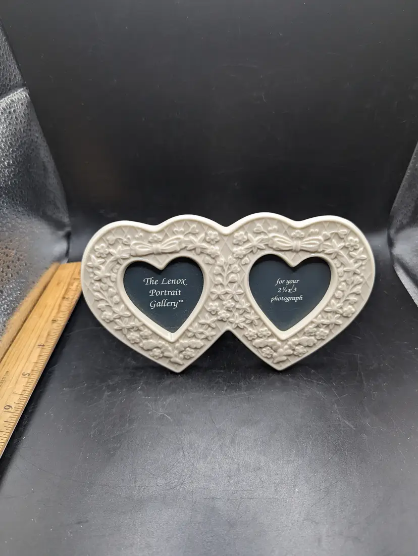 Lenox Double Heart Photo Frame - Creamy White - Floral & Bow Design