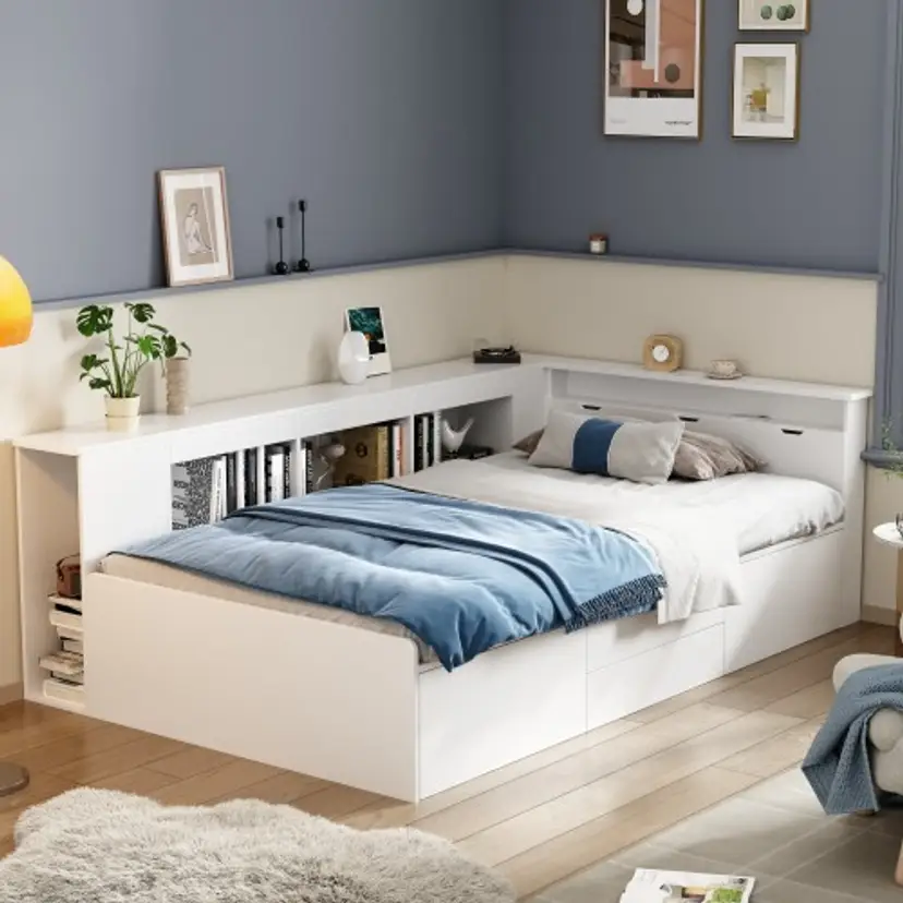 Children's Bed, Single Bed-3ft90x190cm, Single Bed, Multifunctional Children's Bed With Drawers, Bookcase And Storage Cupboard, Bed Box With Storage Space, Without Mattress, White