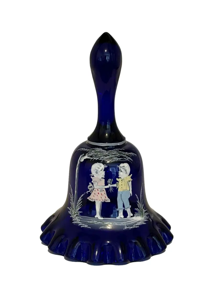 Vintage Westmoreland Cobalt Blue Glass Dinner Bell with Children Motif