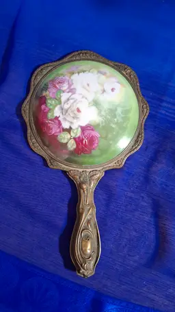 Antique Porcelain-Backed Hand Mirror – Hand-Painted Roses – Signed T. Duval – Brass Vanity Mirror