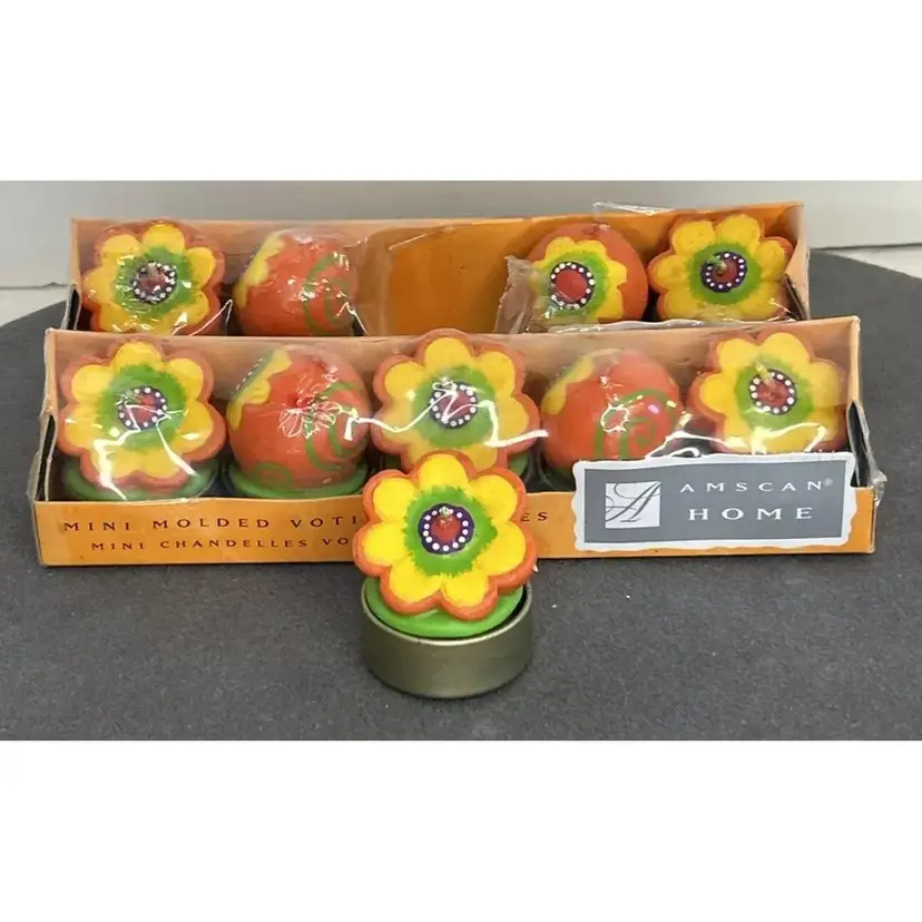 Vintage Mini Molded Votive Candles Orange Yellow Flowers Amscan Inc. 2 Packages
