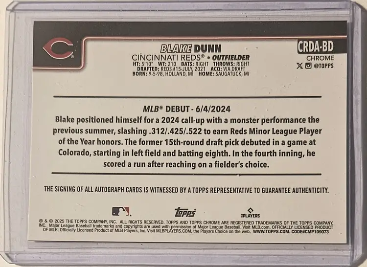 2025 Topps Chrome Update Rookie Debut RC Auto Red Wave Blake Dunn 3/5