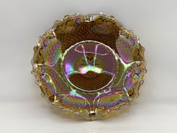 Amber Iridescent Carnival Glass Bowl: Starburst Diamond Point Ruffled Mid Century Platter