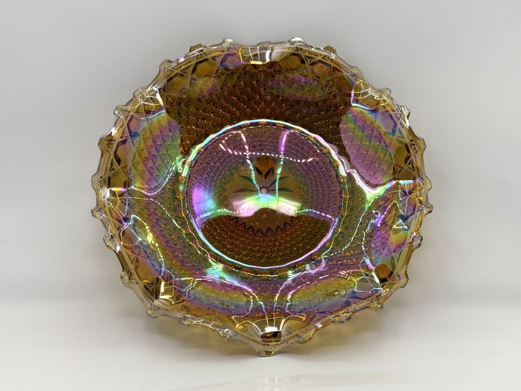 Amber Iridescent Carnival Glass Bowl: Starburst Diamond Point Ruffled Mid Century Platter