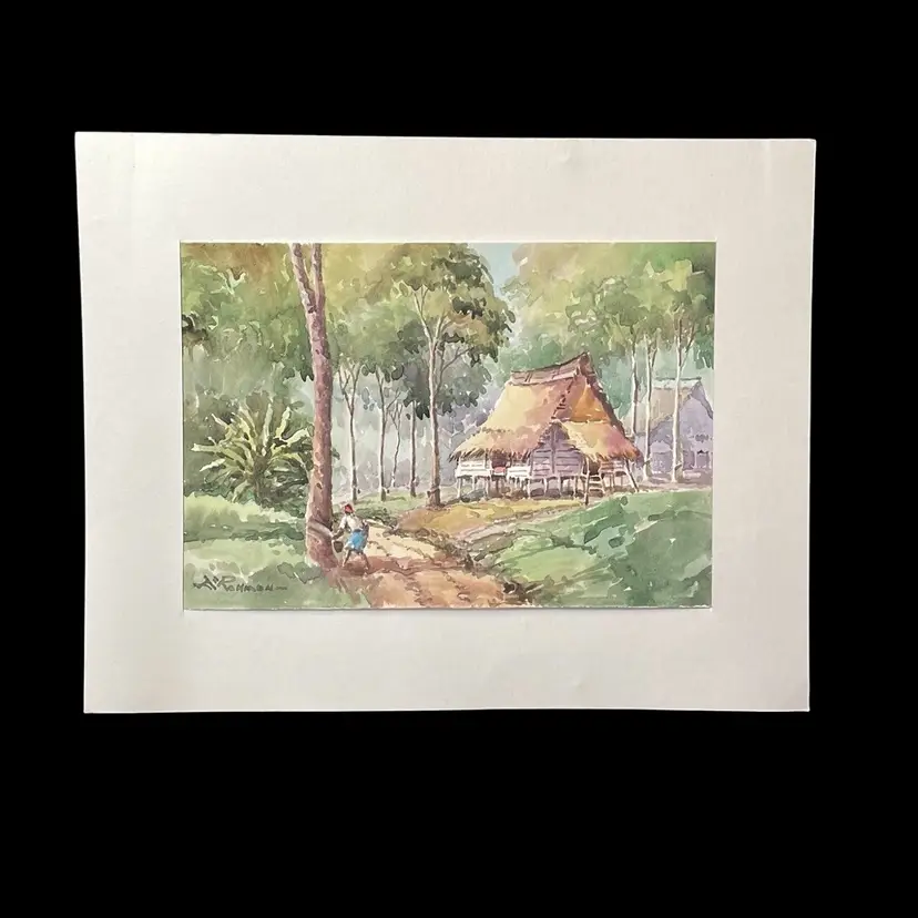 Original Watercolor Art Painting Village Landscape Scene Signed AJ Rahman