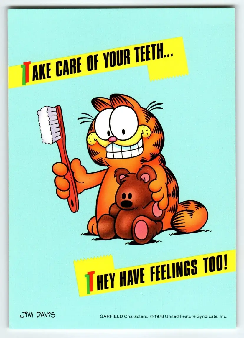 Garfield The Cat Postcard Holding Toothbrush Signed Jim Davis Comic 1978 Unused