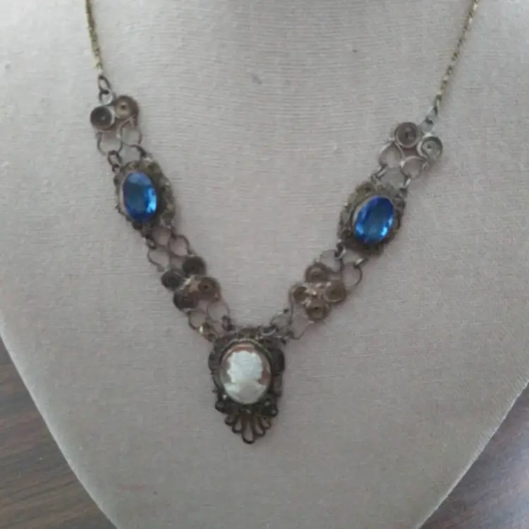 Vintage Victorian Cannetile Work Necklace Shell Carved Cameo Blue Stones Necklace 17”